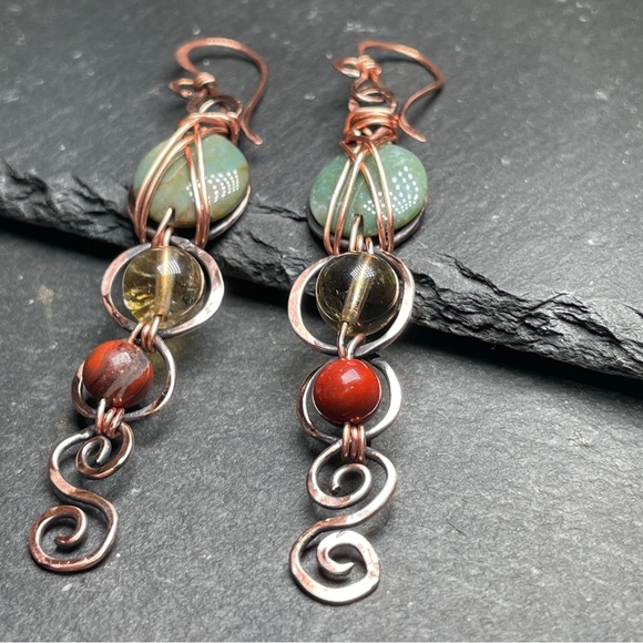 Handcrafted Hammered Copper With Agate and Citrine Gemtone Earrings - Picture 7 of 13
